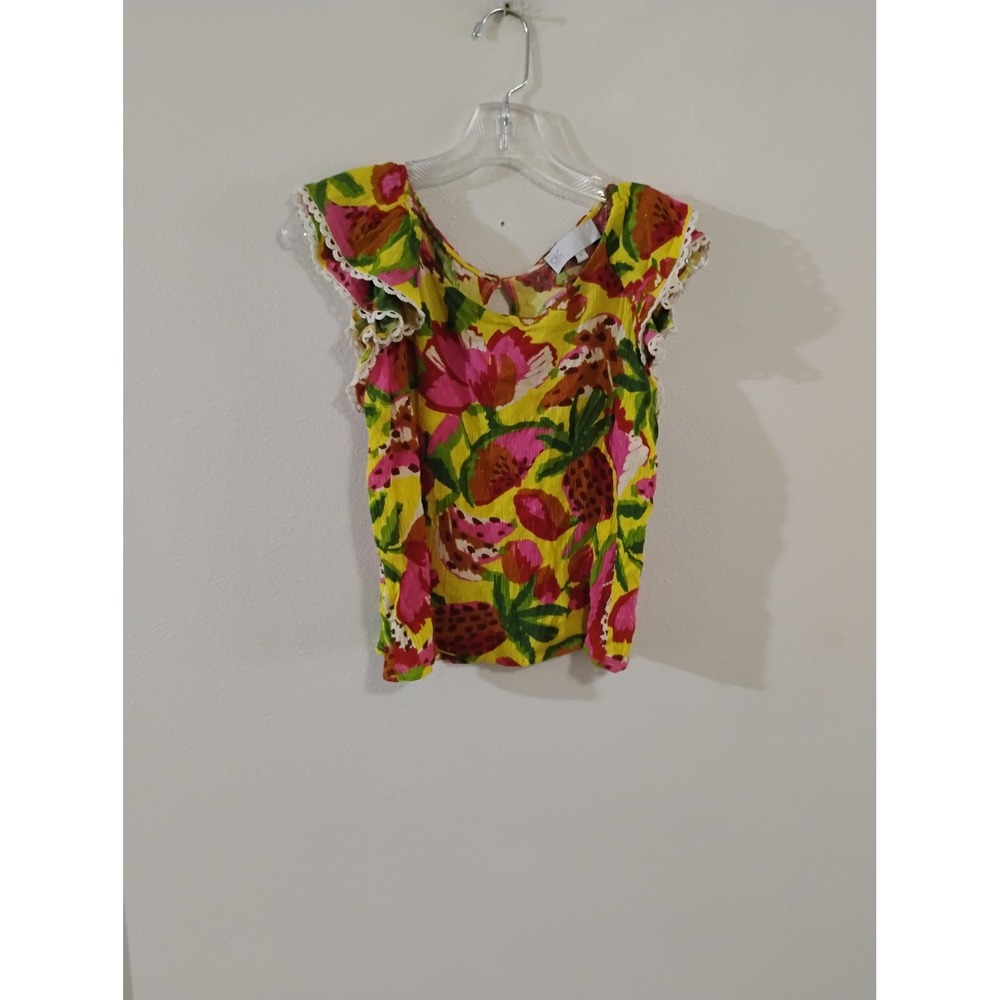 C&C California Small Fruit Floral Flutter Sleeve Crochet Trim Blouse Yellow